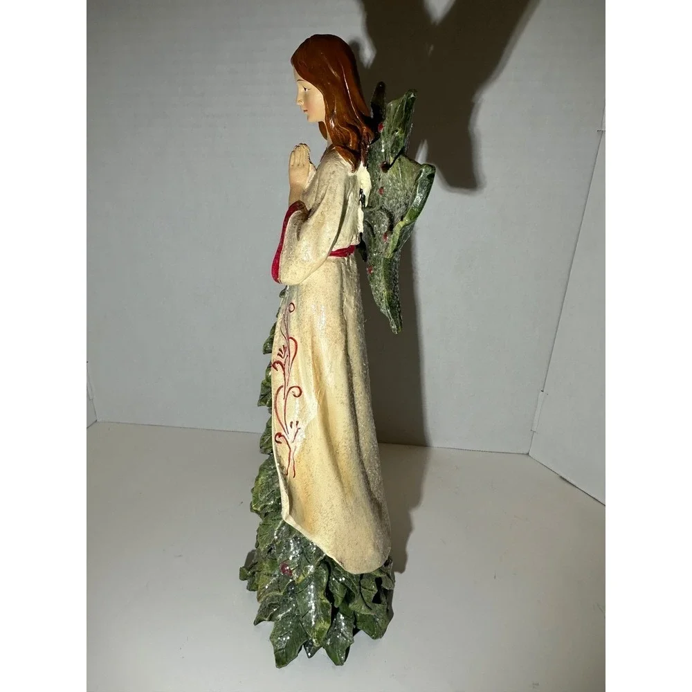 Christmas Angel Figurine Holly Wings Evergreen Tree Base Resin Holiday‎ Decor